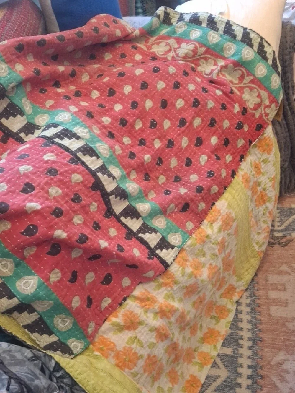 Kantha Floral Patchwork Quilted Bottoms - Multicolor